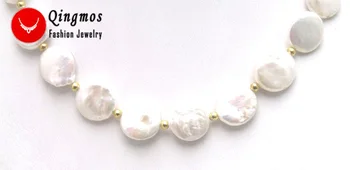 

Qingmos White Pearl Necklace for Women with Natural 13-14mm Coin Round Shape Pearl Chokers Necklace Jewelry n5228 Free shipping
