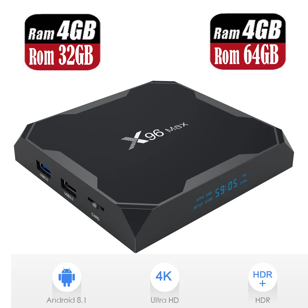 X96 Max Смарт ТВ BOX Android 8,1 Amlogic S905X2 LPDDR4 4 ядра, 4 Гб 64 Гб 2,4G Wi-Fi 5 ГГц Wi-Fi, BT 1000 м H.265 4 к Декодер каналов кабельного телевидения компьютерной приставки