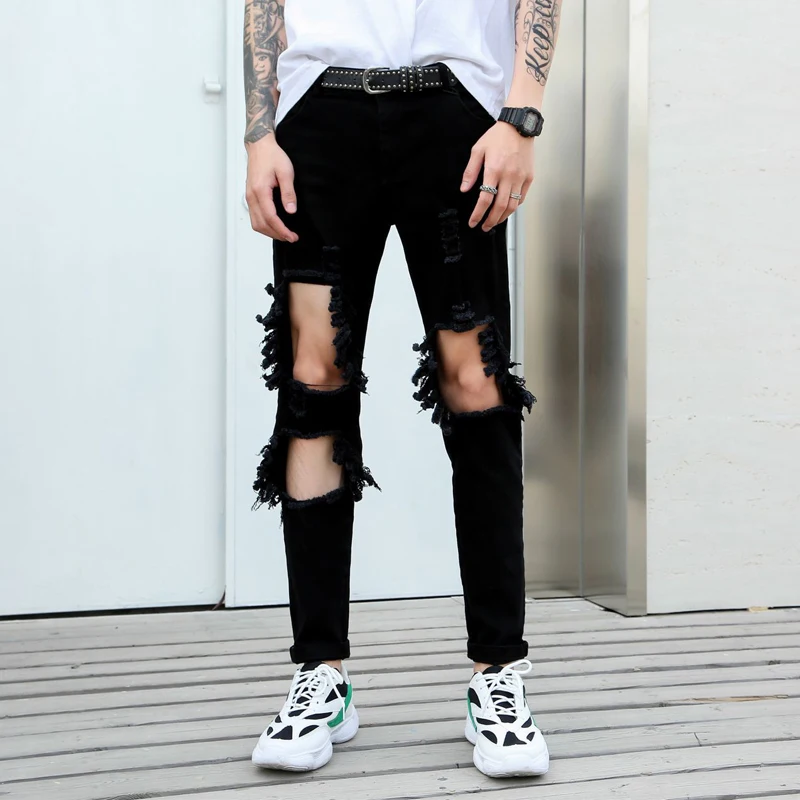 

Men's Jeans Summer New Loose Solid Color Dark Black Wild Nine Points Jeans Hole Small Straight Feet Youth Casual Men's Clothing