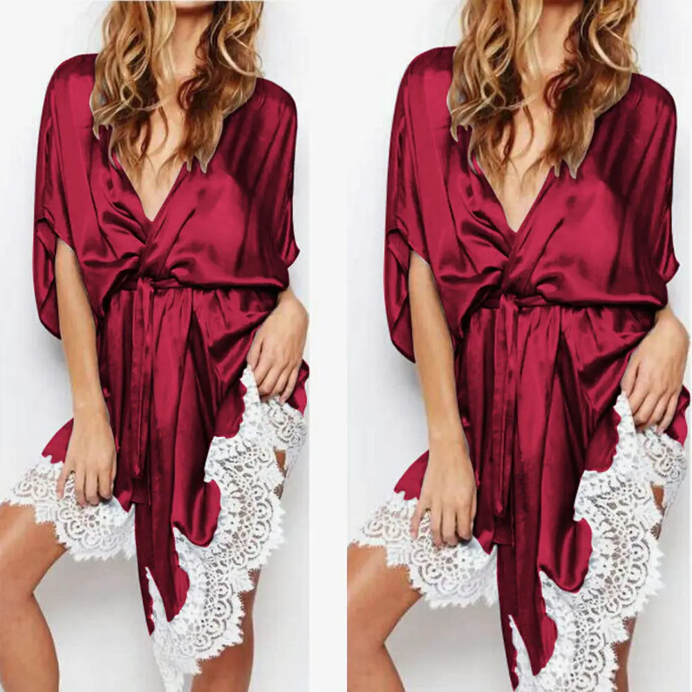 

Sexy Women Deep V-neck Lace Bandage Robe Rose Red Blue Burgundy Gray Nightwear Sleepwear Trendy Soft Silk Mini Summer Robes