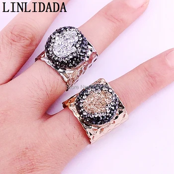 

6Pcs Gold Color Crystal Titanium Drusy Quartz Stone Ring Paved Zircon for Women Fashion Jewelry