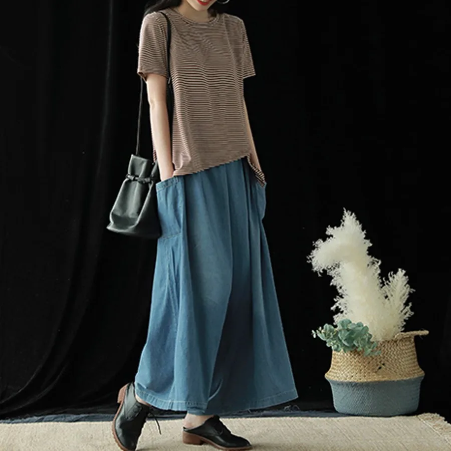 

Women Solid Denim Blue Big Size Cotton Women Pants 2019 New Autumn Summer Original Wide-legged Pants Loose Elastic Waist Pants