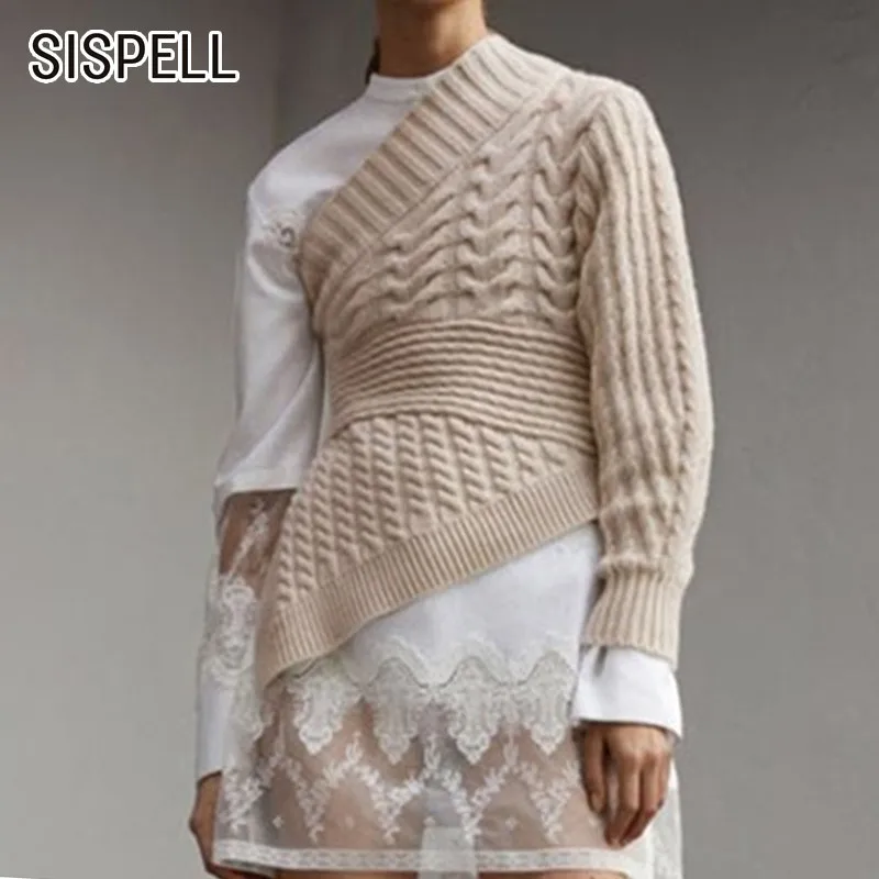 

SISPELL 2019 Spring Knitted Sweater For Women Irregular Collar One Shoulder Long Sleeve Pullovers Tops Female Fashion Clothes