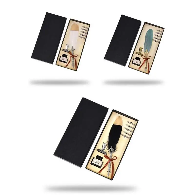 

Business Gift Sets English Calligraphy Feather Dip Quill Pen Writing Ink Set Stationery Gift Box With 5 Nibs Not Easy To Damage