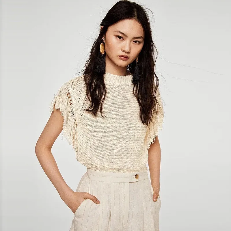 

ZOUHIRC New Summer Sleeveless Sweater Women Hollow Out Knitted Tassel Vest Solid Pullovers Causal Jumpers