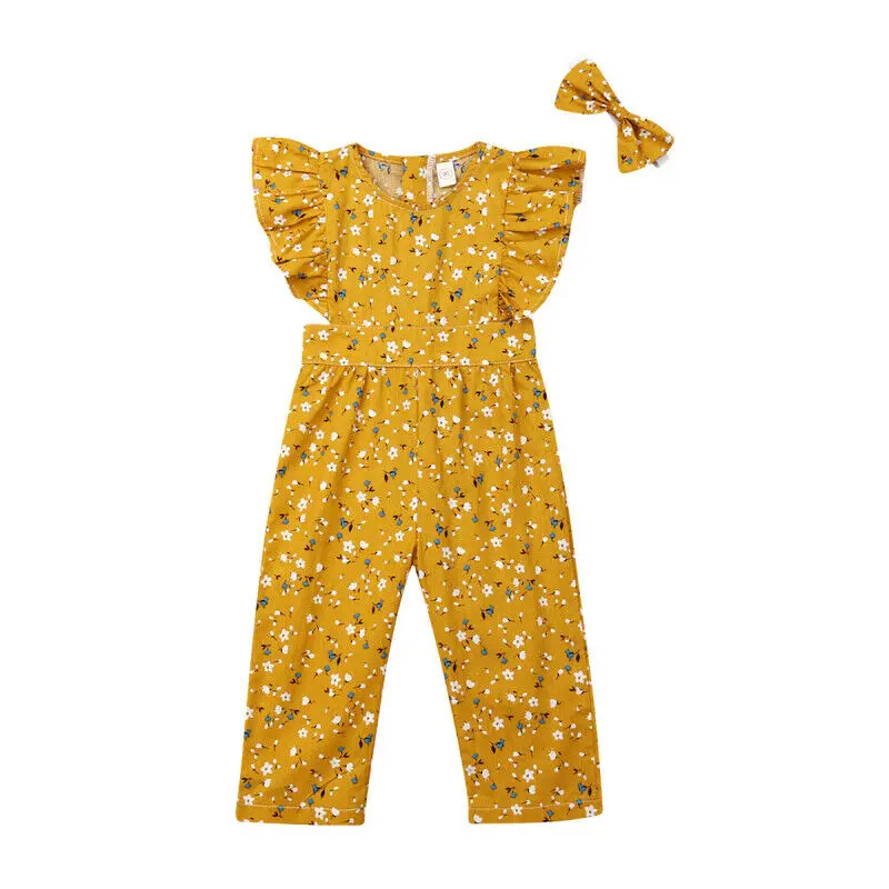 

1-6Y Summer Toddler Kids Baby Girl Ruffles Sleeveless Floral Romper Jumpsuit Headband 2PCS Outfits Girls Clothes