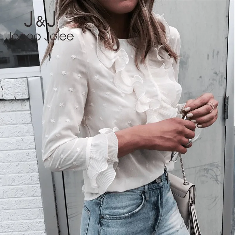 

Jocoo Jolee Casual Ruffles Lace Polka Dot O Neck Shirt Long Sleeve Blouse Casual Harajuku Korean Blouse Womens Tops and Blouses