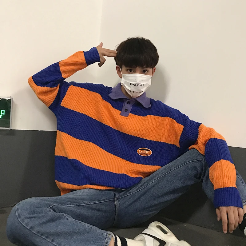 

Winter New Men's Sweater Warm Fashion Striped Contrast Color Stitching Long-sleeved Lapel Knit Pullover Man Casual Male Clothes