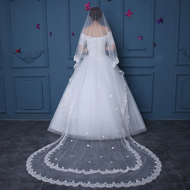 Lace Sequined Bridal Veil One Layer Cathedral Ivory Applique Edge Wedding Veils Fashion Handmade | Свадьбы и торжества