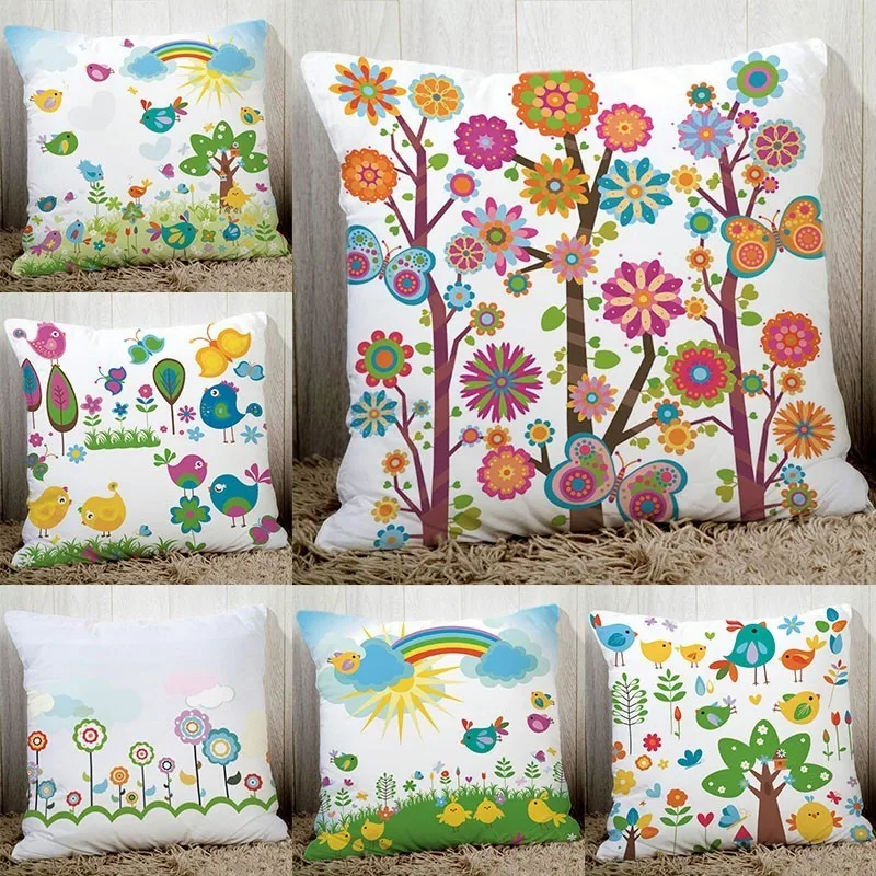 

Colorful Rainbow Flower Floral Cute Bird Tree Butterfly Spring cushion cover 45x45cm home decorative pillows polyester cushions