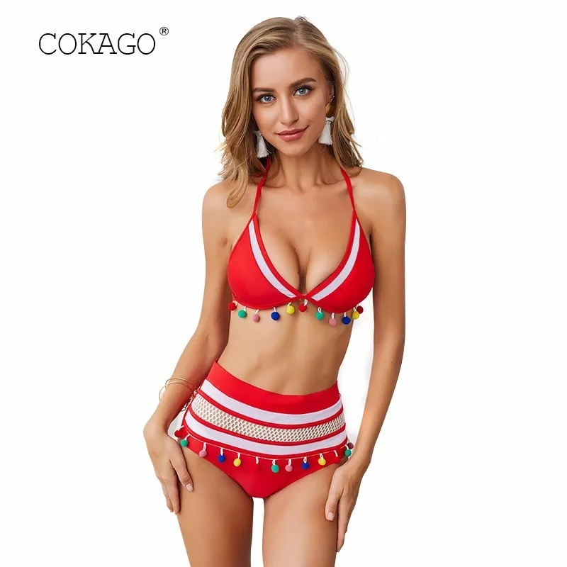 COKAGO красный завязки на шее Высокая талия Микро Бикини Push Up Sexy сетки плюс размеры