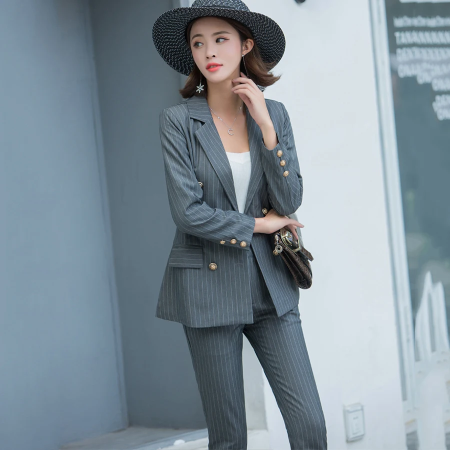 

2019 Fashion Work Office Pant Suits 2 Piece Set For Women Double Breasted Striped Blazer Jacket Slim Pencil Pant Business Suits