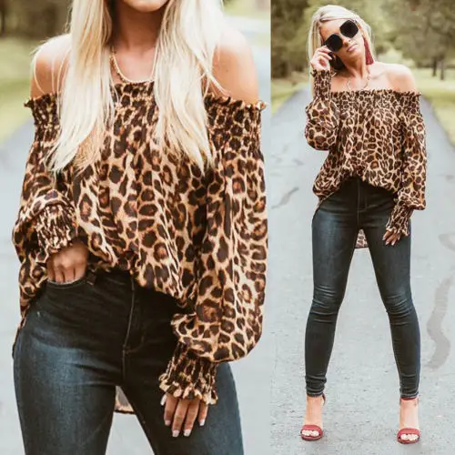 

2019 New Fashionable Charming Sexy Women Leopard Print Tops Summer Long Sleeve Loose Off Shoulder T-Shirt