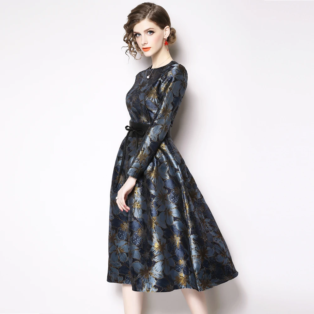 Banulin Fashion Woman Autumn Winter Runway Dress A-line Star Style Female Elegant Dress Long Sleeve OL party Dress Jaqcard Dress