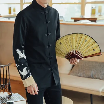 

#4376 2019 Spring Crane Embroidery Bomber Jacket Mens Streetwear Casual Vintage Male Chinese Style Jackets Coats Plus Size 5XL