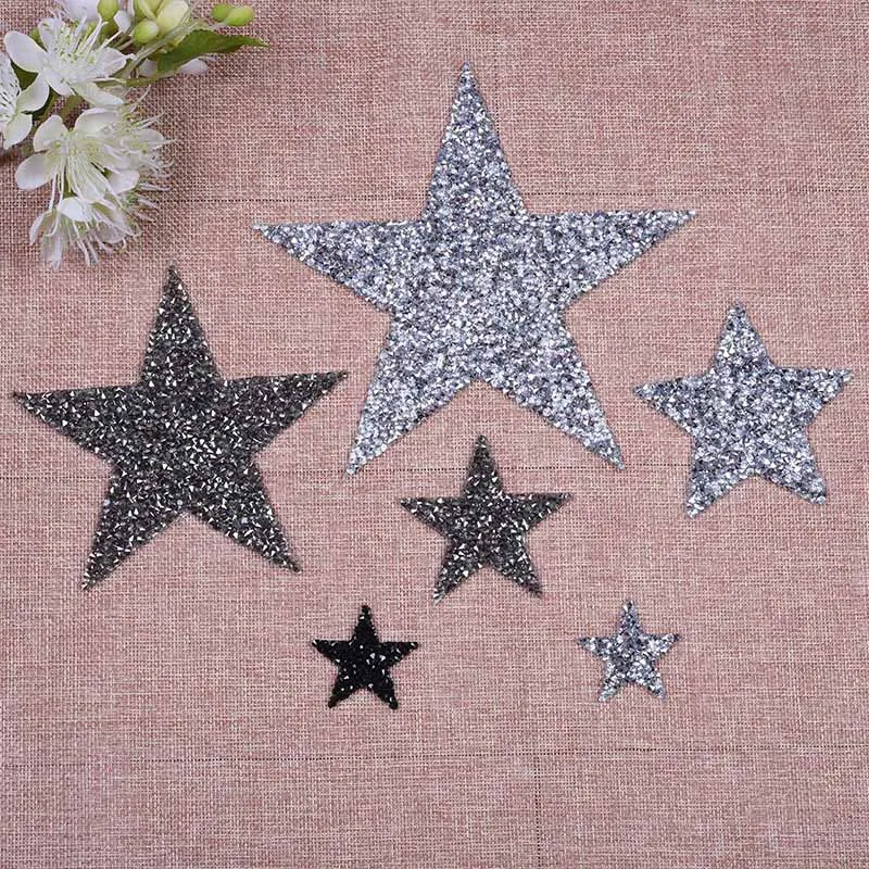 

Clothing Iron On Apparel Sewing Fabric Crystal Rhinestone Multiple Sizes Gray Silver Black Star Patch Clothes Appliques