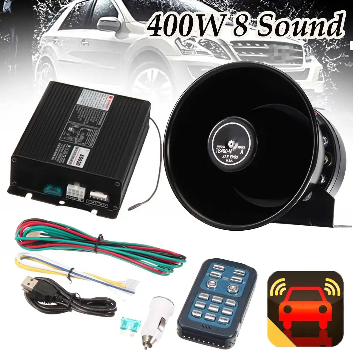 

1Set 12V DC 400W Durable 8 Sound Loud Car Warning Alarm Polices Siren Horn PA Speaker Remote