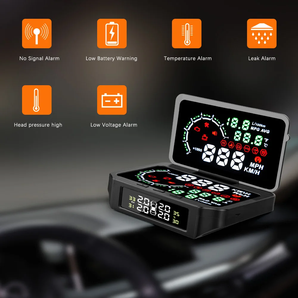 

2 in 1 TPMS Sensor Temperature Tire Pressure Monitor System Digital HUD Head Up Display Car Excess Speed Alarm