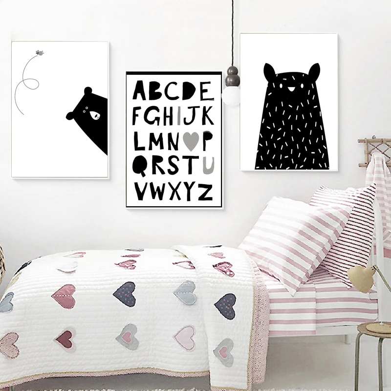 

Black White Bear Paw Canvas Painting Funny Alphabet Poster Nursery Wall Art Quote Print Nordic Children Bedroom Decoration