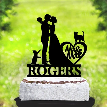 

Custom wedding cake topper, mr and mrs name cake topper,hearts cake topper with cat,silhouette bride and groom cake decoration