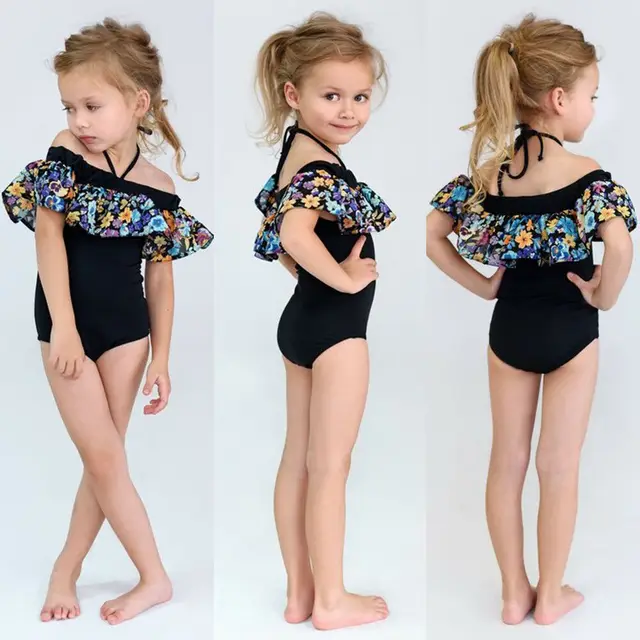 2PCS Kids Baby Girls Swimwear Bikini Flower Ruffle One Piece Tankini