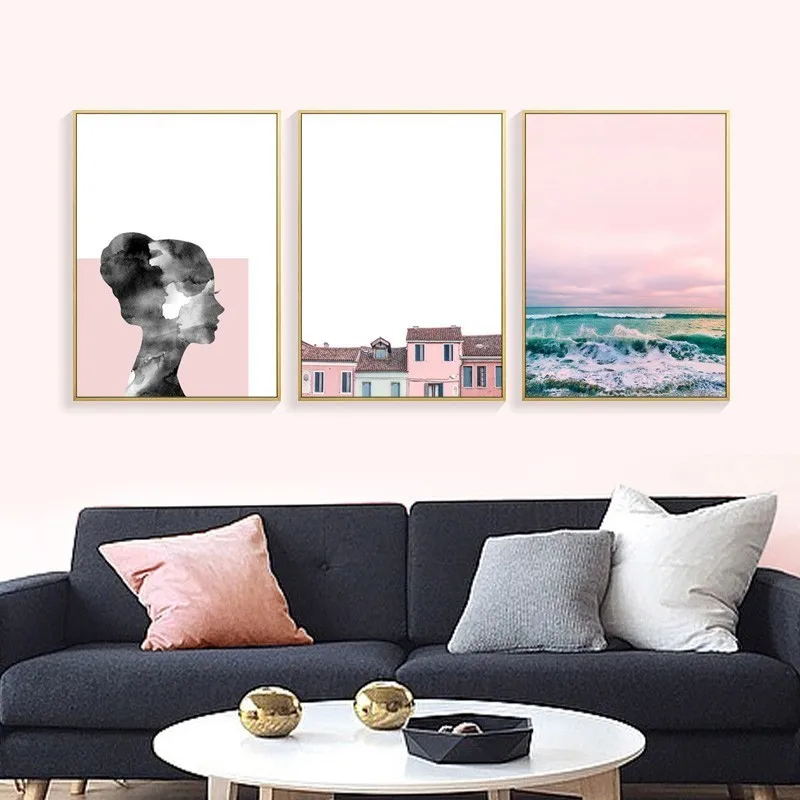 

SURE LIFE Ins Nordic Landscape Pink Abstract Face Canvas Paintings Poster and Print Pop Wall Art Pictures Living Room Home Decor