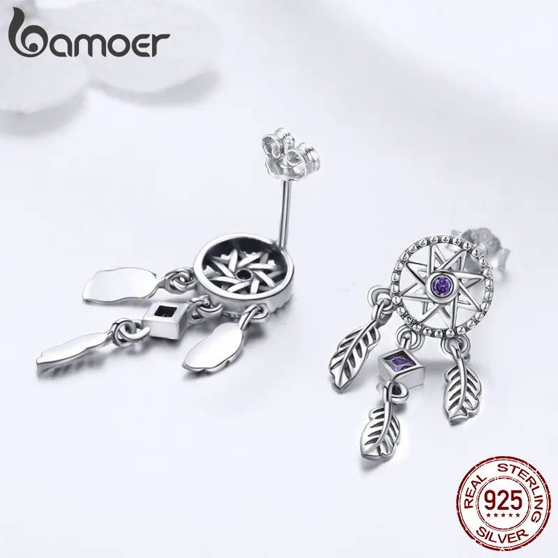 BAMOER 925 Sterling Silver Vintage Dream Catcher Drop Earrings for Women Purple Cubic Zircon Sterling Silver Jewelry SCE502