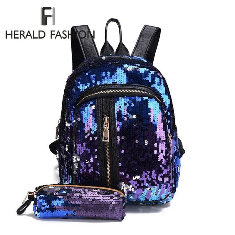 

Herald Fashion 2pcs/Set Glitter Sequins Backpack Teenage Girls Bling Rucksack Student School Bag with Pencil Case Clutch Mochila