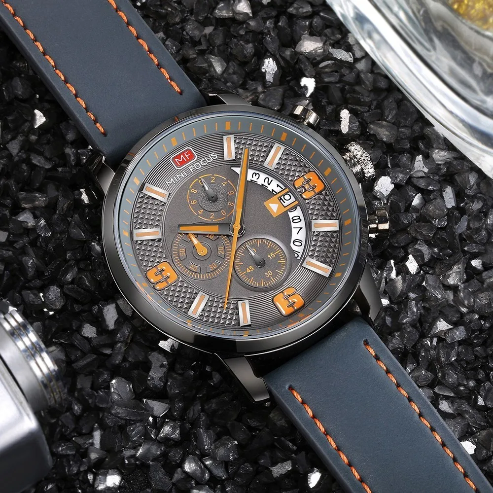 MINI FOCUS Sports Watch For Men Luxury Casual Chronograph Watches Quartz Men's Watch Genuine Leather Top Brand Luxury Military