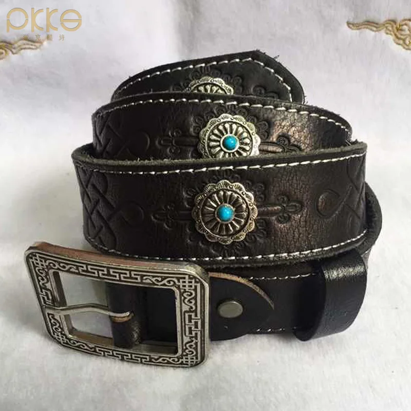 

Pin Buckle Cow Leather Belt Women Retro Ethnic Style Genuine Leathers belt Sculpture Alloy Embossing Dance Belt Inlaid Gemstone