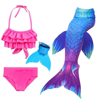 4pcs/14 Colors Girls Swimming Mermaid Tail With Monofin Bathing Suit Little Children Mermaid Costume Kids Swimsuit Cosplay sbart 2mm neoprene diving wetsuits mermaid tail simulation fish scales mermaid tail children swimming swimsuit mermaid tail fins