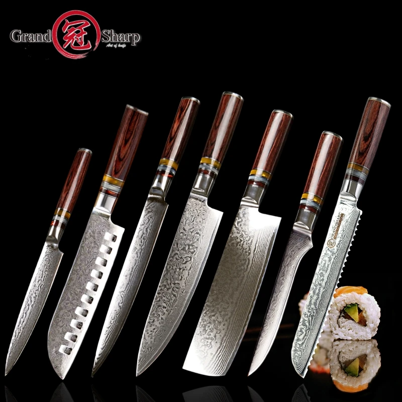 Grandsharp 7 шт. набор ножей из дамасской стали vg10 японские Дамасские Стальные Кухонные ножи полный набор шеф-повара лучший Семейный подарок инструменты для приготовления пищи