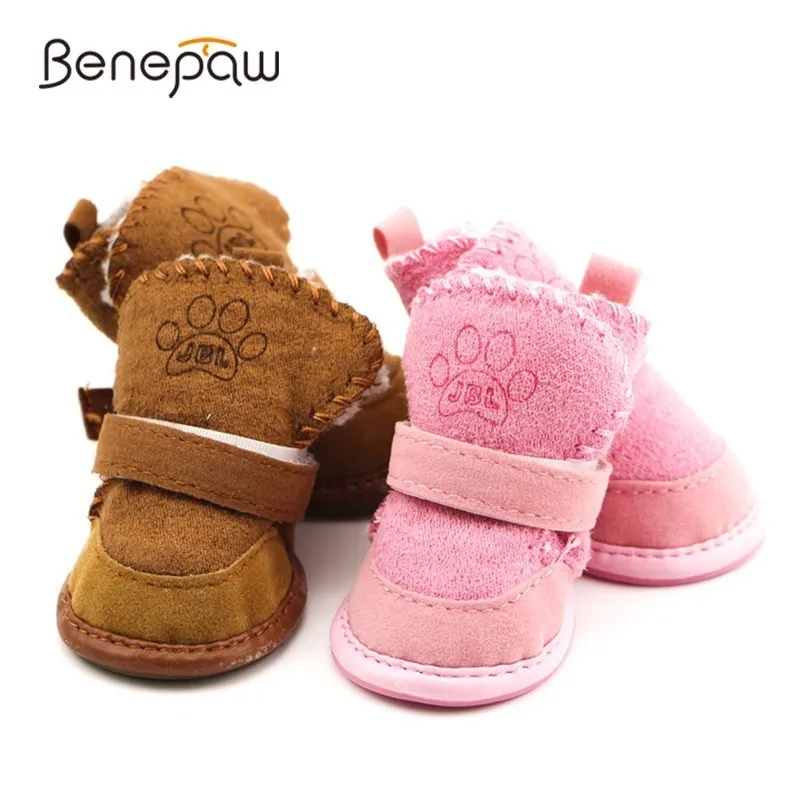Benepaw Winter Shoes Dog 4 Pcs/Set Warm XS-XL Anti-slip Snow Boots Thick Berber Fleece Pet Puppy Pink/Coffee | Дом и сад