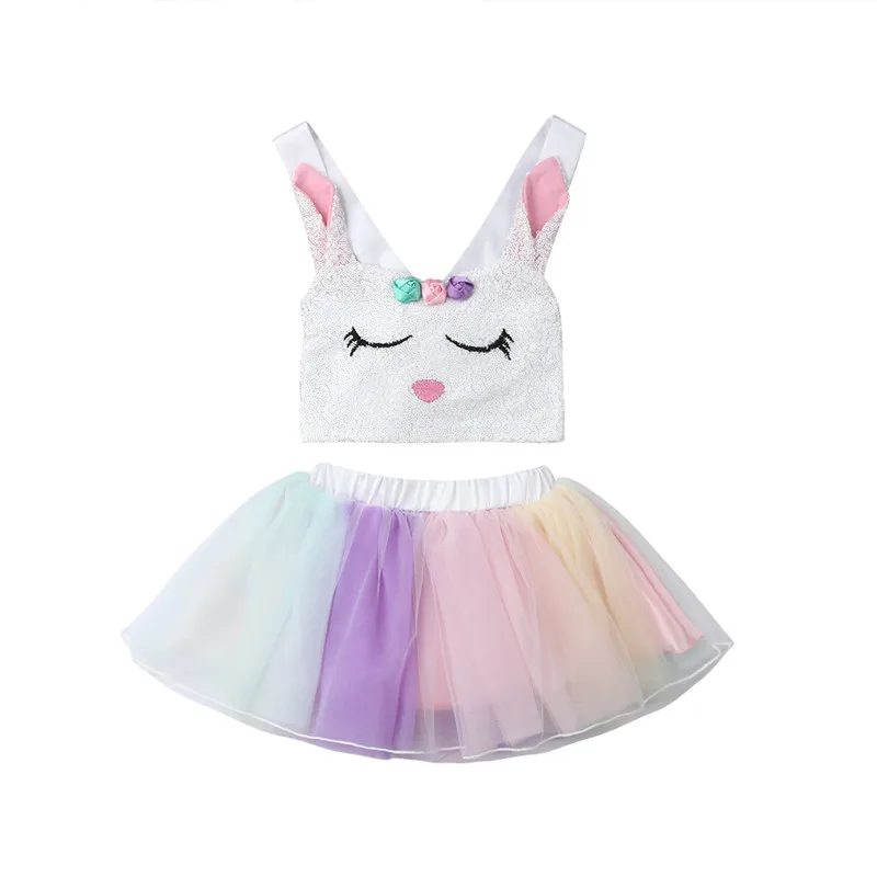 

Girls Dress Kids Baby Girl Fashion Rabbit Vest Top+Rainbow Tutu Dress Party Clothes Sweet Mesh Dresses Color 1 Set 1-4Age 2PCS