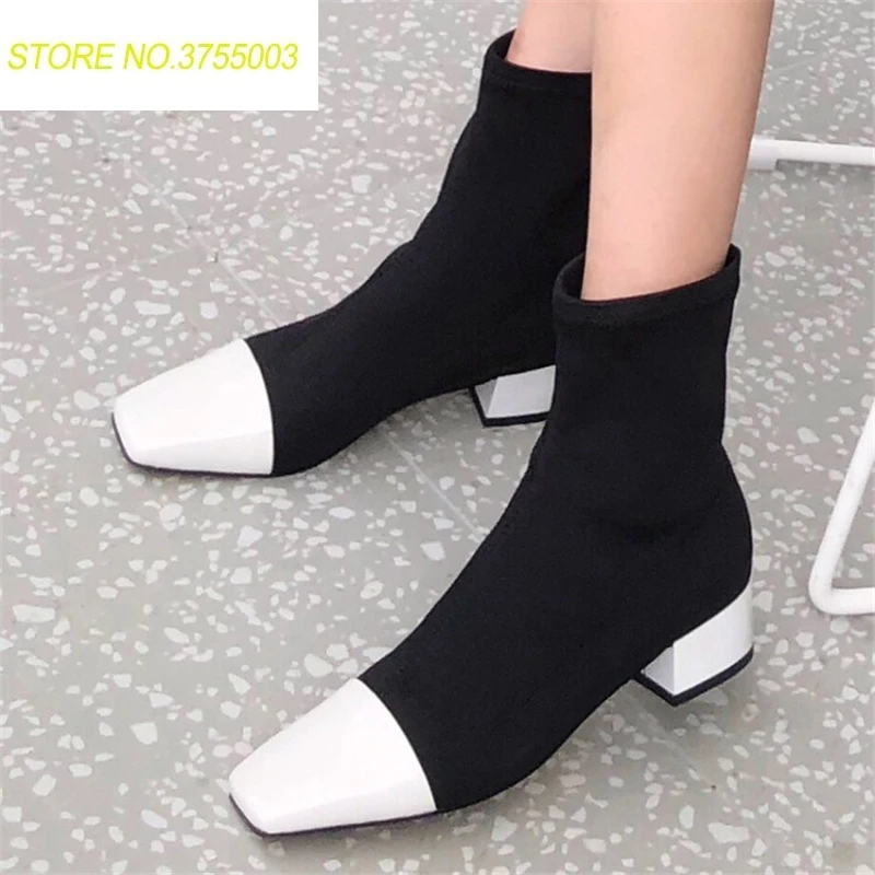 

2018 New middle heels Stretch Fabric Botas Ankle Boots for women patchwork square toe Sock Shoes Botines Mujer short boots Woman