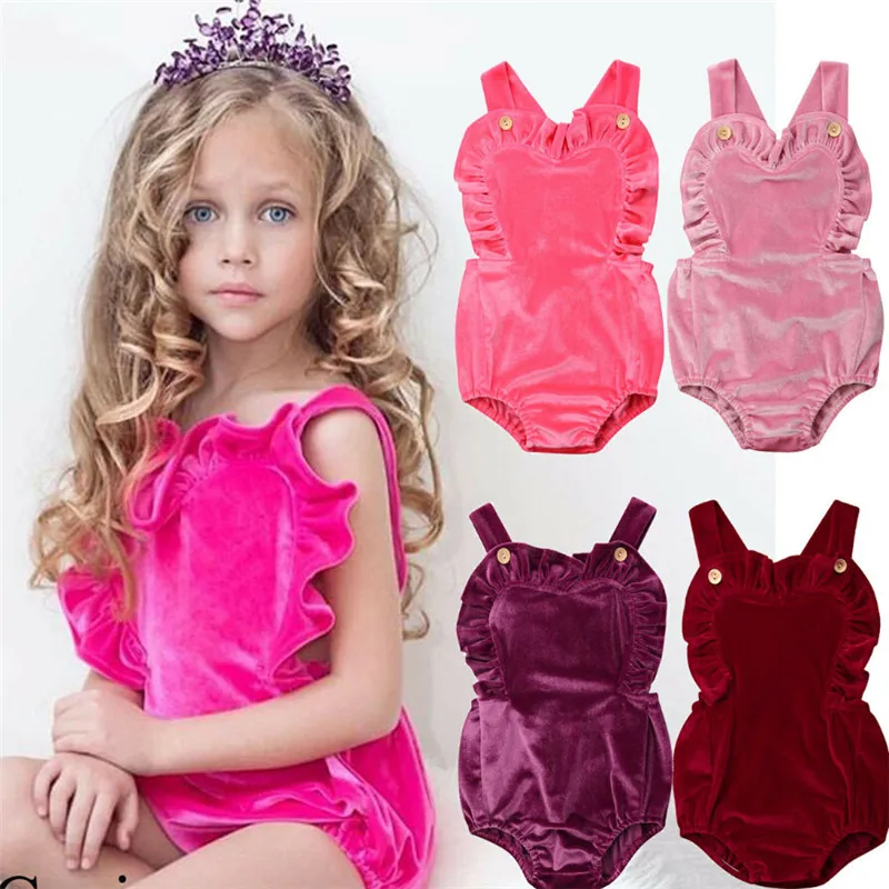 

Lovely Newborn Baby Girl Sleeveless Bodysuit Strap Ruffle Backless Sunsuit Baby Girl Solid Jumpsuit Summer Velvet Sunsuits 3M-3Y