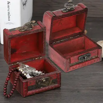 

Vintage Decorative Wooden Jewelry Storage Lock Box Wedding Candy Gift Case Holder Organize Jewelry Treasure Chest Case Ornaments