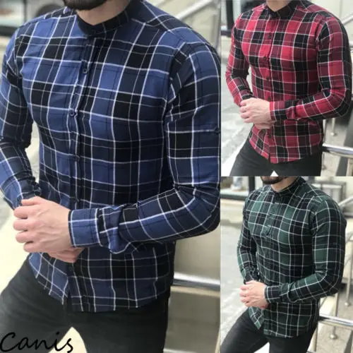 Men's Shirts Checked Plaid Long Sleeve Slim Shirt V-Neck Formal Spring NEW Fashion Casual Men Tops Shirt