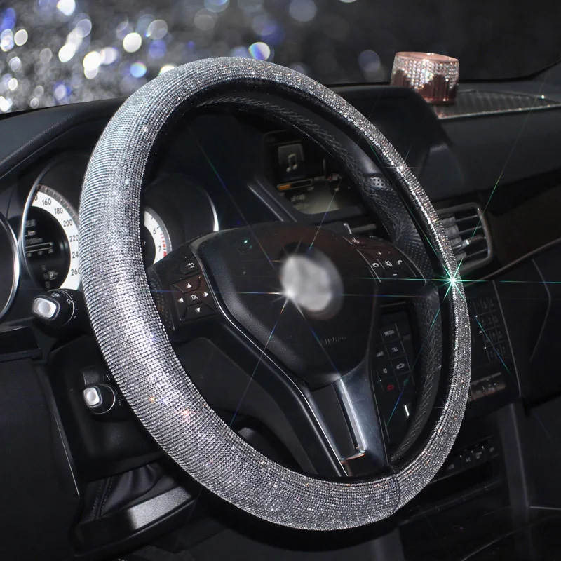Luxury Full Diamod Rhinestone Leather Auto Steering Wheel Cover General Anti-slip D shape Crystal Car Steering Cover for Women Luxury Full Diamod Rhinestone Leather Auto Steering Wheel Cover General Anti-slip D shape Crystal Car Steering Cover for Women