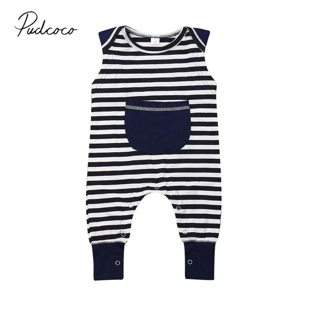 

2019 Baby Summer Clothing 0-24M Infant Baby Boy Girl Striped Romper Sleeveless Pocket Print Jumpsuit Patchwork Clothes Outfits