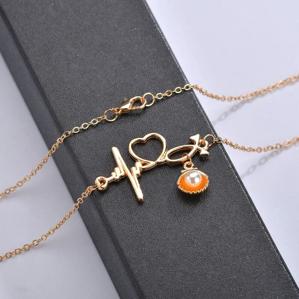 

Trendy Pendant Necklace For Women ECG Heart Shell With Pearl Wedding Jewelry Trendy Jewelry Fashion Female Jewelry Necklace