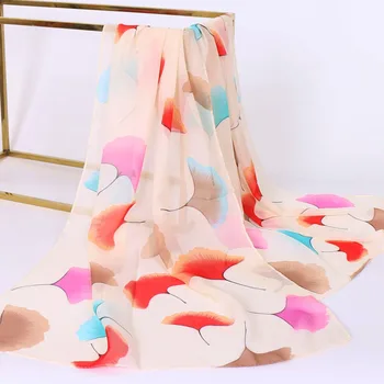 

2019 Printing Thin Chiffon Women Silk head Scarf Clothing Heat Ginkgo Leaf foulard femme shawl echarpe