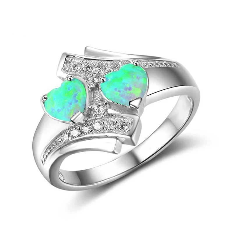 Sale Romantic Moonstone Blue Heart Fire Opal Ring Jewelry For Women Silvery Zircon Wedding Engagement Rings