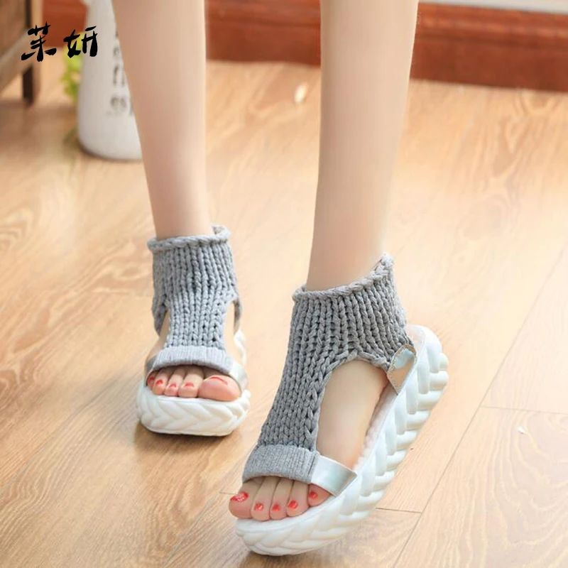 

Comfortable Casual Wool Women's Summer Sandals 2019 New Arrival Knit Platform Shoes Candy Color Wedge Sandalias