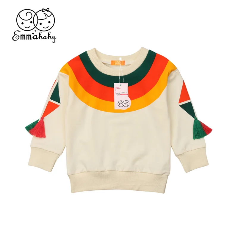 

Kids Rainbow Color Printed Stripes Sweatshirt Hoodie Top Baby Girls Tassel Long Sleeve Shirt Hooded Outfits Clothes 1-6T