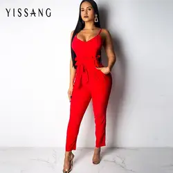 Yissang женский полосатый комбинезон 2019 Лето однотонный элегантный комбинезон женский s комбинезон с открытой спиной длинный на шнуровке