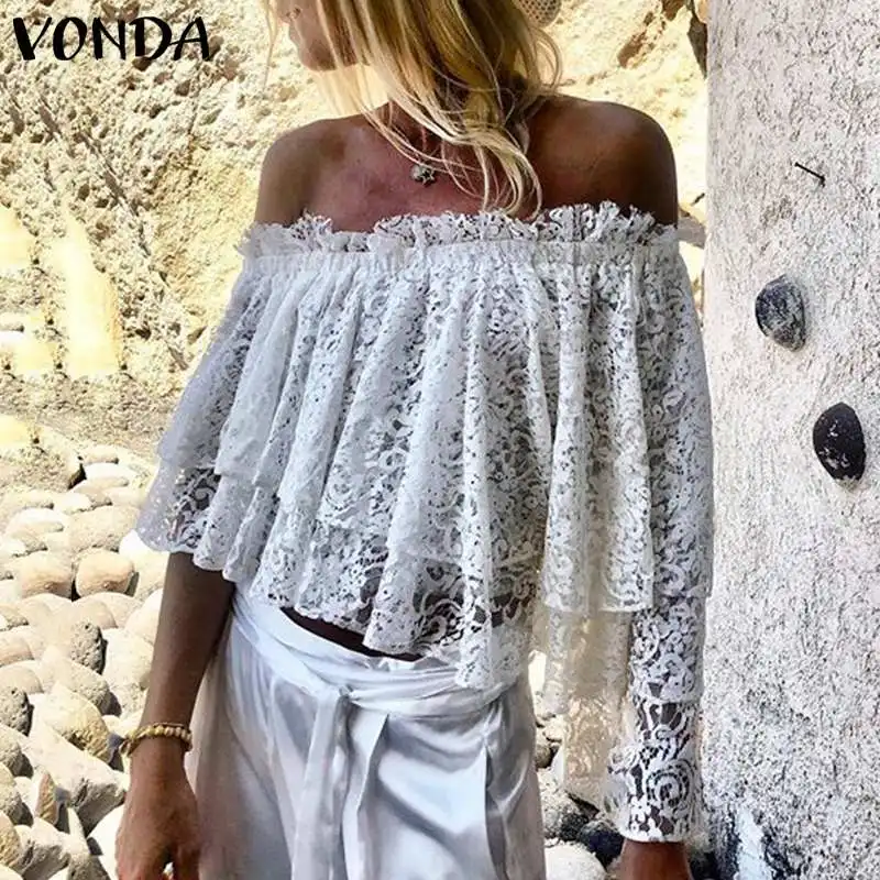 VONDA, летняя женская Кружевная блуза с открытыми плечами, Сексуальные клубные топы, пляжные повседневные свободные блузы с оборками, топы размера плюс, рубашки S-5XL