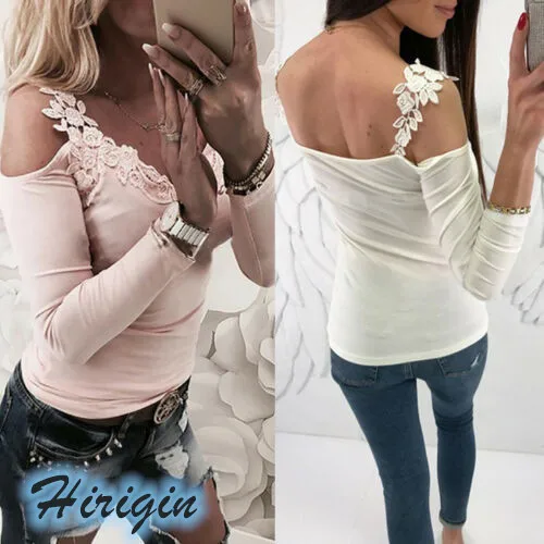 

New Women's Summer Solid Long Sleeve Off Shoulder Slim T-shirt Hollow Out Floral Casual Patchwork Top T-shirt