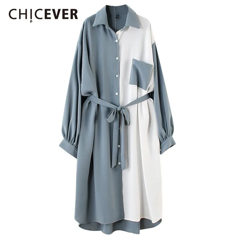 CHICEVER/2019 весеннее шифоновое платье женское с отворотом длинным рукавом высокая