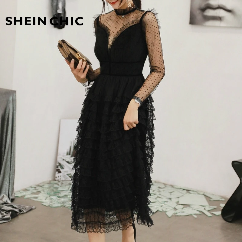 

Spring Runway Designer Dress 2019 Women Sexy Elegant Ruffled Long Sleeve Black Polka Dot Mesh Pleated Midi Party Dress